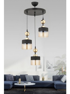 ESSLİGHT SİMGE 3 LÜ SARKIT AVİZE BAL SİYAH CAMLI MODERN DEKORATİF AYDINLATMA 