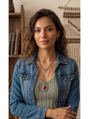Vintage Takı Bohem Stil, Gümüş Kaplama Silver Bordo Taşlı Etnik Tasarım Üçgen ve Oval Figürlü Ikili Set