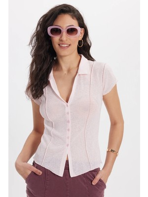 Tudors Kadın Slim Fit Dar Kesim Kısa Kollu Gömlek Yaka Pembe Gömlek
