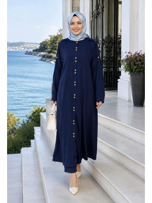 Harma Time Butik Kadın Düğmeli Çilek Kumaş Lacivert Ikili Takım