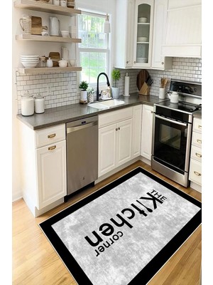 Pelura Halı Kitchen Yazılı Gri Çerçeve Desenli  Kaymaz Yıkanabilir Dijital Baskılı Mutfak Halısı Yolluk