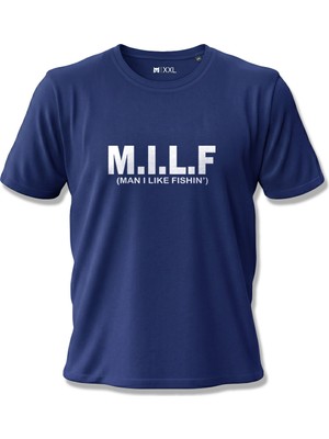 North Whiskers M.I.L.F (Man I Like Fishin') Esprili Balıkçı Baskılı %100 Pamuklu Unisex Lacivert Tişört