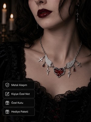 Herşey Nota Kırmızı Kalp Taşlı Haç ve Kanat Detaylı Kolye Alternatif Stil Kadın Aksesuar
