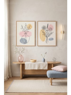 Tontilika Minimalist Çiçek 2'li Ahşap Çerçeveli Tablo Seti