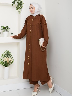 Harma Time Butik Kadın Düğmeli Çilek Kumaş Kahverengi Ikili Takım