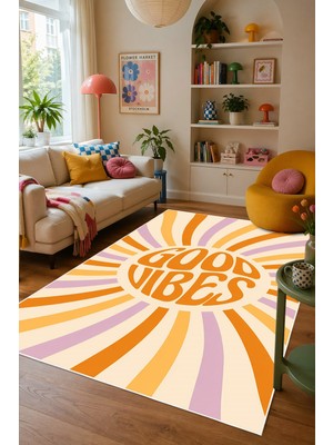 Pelura Halı Good Vibes Yazılı Pinterest Desen Baskılı Kaymaz Yıkanabilir Salon Oturma Odası Mutfak Halısı Yolluk