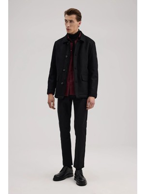 Jakamen Siyah Slim Fit Bebe Yaka Yünlü Mont