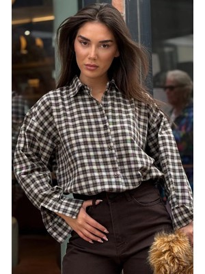Madmext Camel Oversize Kareli Kadın Gömlek MG2822