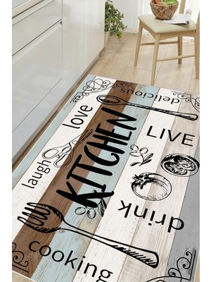 Pelura Halı Mutfak Desenli Kitchen Yazılı Baskılı Kaymaz Yıkanabilir Mutfak Halısı Yolluk
