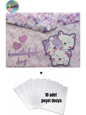 Glanart A4 Boy Çıt Çıt  Ödev Dosyası +10\' Lu Poşet Dosya  Kedicikler Lila