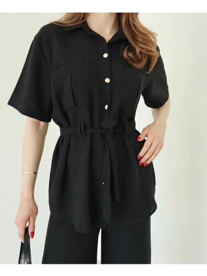 Vess Moda Kadın Beli Kuşak Bağlamalı Düğme Detaylı Gömlek Pantolon Ikili Alt Üst Takım