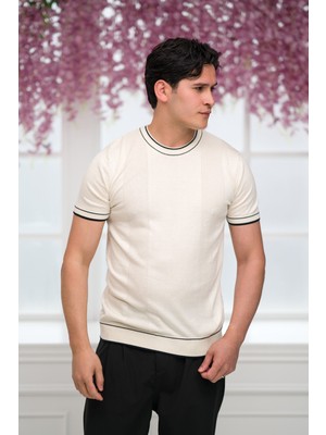 Advante Slimfit Kolları Lastikli Likralı Desenli Bisiklet Yaka Triko T-Shirt