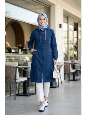Harma Time Butik Kadın Kapüşonlu Fermuarlı Cepli Koyu Mavi Kot Kap