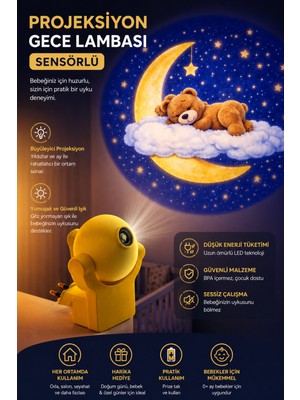 Ecuy Projeksiyon Gece Lambası Sensörlü Bebek Odası Uyku Lambası Sevimli Ayıcık Görselli 5 Lümen LED Işık