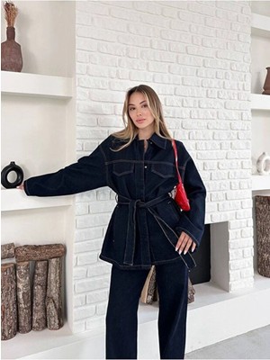 Vess Moda Kadın Bağlamalı Lacivert Ceket Pantolon Denim Takım