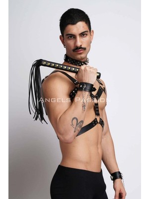 Beru Najmaddin Kırbaç ve Çivili Choker Detaylı Erkek  Fantazi Giyim, Deri Erkek  Harness Takım