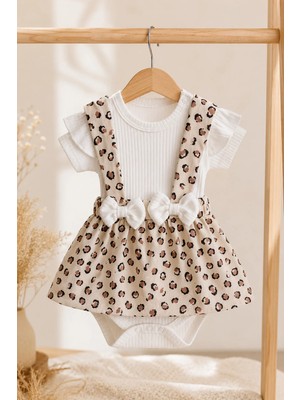 Dinamik çocuk Kız Bebek Leopar Desenli Bandanalı 3lü Takım Kısa Kollu Alttan Çıtçıtlı Body+Ribanalı Salopet Elbise 0-3-6-9-12AYLIK