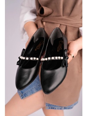 Nesil Shoes Ceylan 360 Siyah Inci Detaylı  Kadın Babet