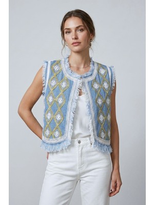 Saade Mavi Kadın Bisiklet Yaka Zincir Nakışlı & Saçaklı Denim Crop Yelek