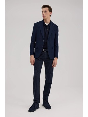 Jakamen Lacivert Slim Fit Desenli Sivri Yaka Ceket