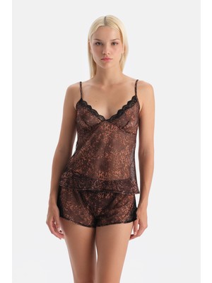 Dagi Kahverengi Dantel Detaylı Tül Camisole Takım