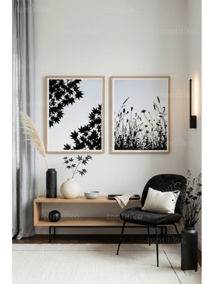 Tontilika Minimalist Siyah Beyaz Bitki Siluetleri 2’li Ahşap Çerçeveli Tablo Seti