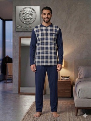 Çift Kaplan Ekose Arka Düz Uzun Kol Patlı Pijama Takım 8140