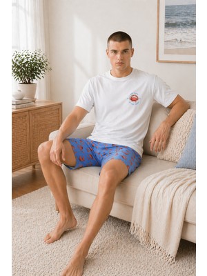 Koza İç Giyim Erkek Pamuklu Mavi Yengeç Desenli Cepli Şortlu Pijama Takımı