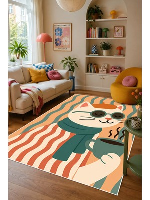 Pelura Halı Pinterest Kedi Figürlü Baskılı Kaymaz Yıkanabilir Salon Oturma Odası Mutfak Balkon Halısı Yolluk