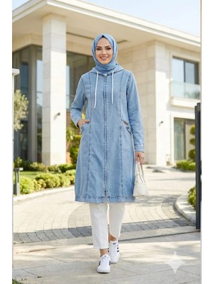 Harma Time Butik Kadın Kapüşonlu Fermuarlı Cepli Açık Mavi Kot Kap
