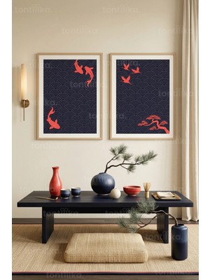 Tontilika Japon Zen Temalı Koi, Turna ve Bonsai 2’li Ahşap Çerçeveli Tablo Seti