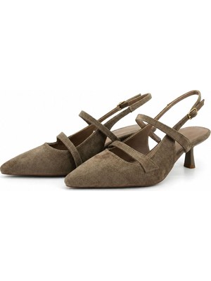 Rexba - Kadın Vizon Süet Sivri Burun Slingback Topuklu Ayakkabı - Znne-Vsüet-Kah