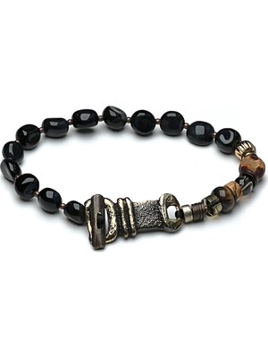 Agor - Obsidyen Tiger Eye Bronz Antika Kilitli Erkek Bileklik MEY2412039
