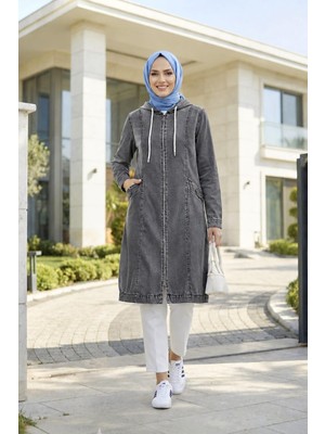 Harma Time Butik Kadın Kapüşonlu Fermuarlı Cepli Gri  Kot Kap