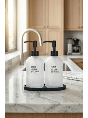 2’li Cam Sıvı Sabunluk Seti 500 ml – Bambu Standlı Mutfak Deterjanlık & El Sabunluğu