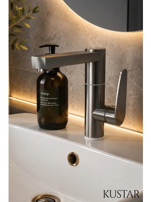 Kustar Modern Tek Kollu Inox Lavabo Bataryası | Banyo Musluğu | Aç-Kapa | Döner Boru | Sıcak Soğuk