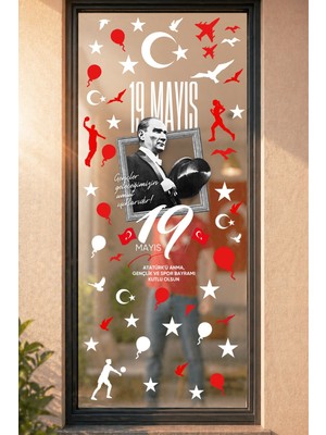Msticker 19 Mayıs Çift Taraflı Cam Sticker Seti 70 Parça Atatürk Temalı Pencere Süsü, Atatürk, Gençlik Bayram