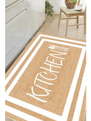 Pelura Halı Çerçeveli Kitchen Yazılı Baskılı Kaymaz Yıkanabilir Mutfak Halısı Yolluk