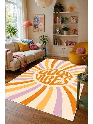 Pelura Halı Good Vibes Yazılı Pinterest Desen Baskılı Kaymaz Yıkanabilir Salon Oturma Odası Mutfak Halısı Yolluk