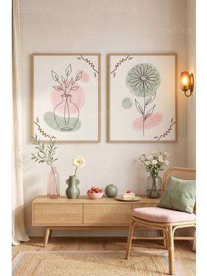 Tontilika Pastel Minimalist Çiçek ve Bitkiler 2'li Ahşap Çerçeveli Tablo Seti