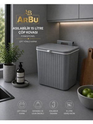 Arbu Home 15 Lt Mutfak Tezgah Üstü ve Dolap Askılı Çöp Kovası