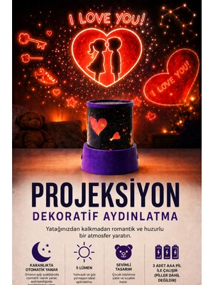 Ecuy Projeksiyon Dekoratif Aydınlatma Kalp Yıldız I Love You Temalı 3D Yansıtma Gece Lambası 2 Modlu