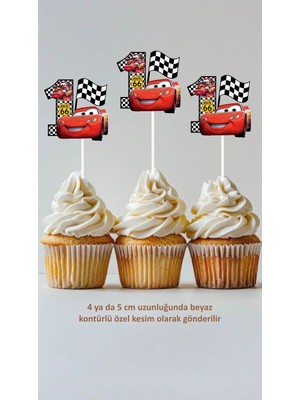 Arabalar Şimşek Macqueen 1 Yaş Temalı Konsept Kürdanlı Cupcake Süsü Doğum Günü Süsü *20'li Kalın Kağıt