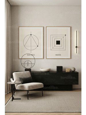 Tontilika Modern Minimalist Geometrik Desenler 2'li Ahşap Çerçeveli Tablo Seti