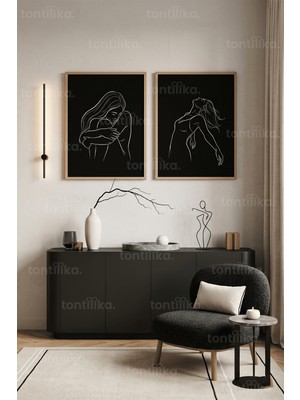 Tontilika Minimalist Çizgisel Figür 2'li Ahşap Çerçeveli Tablo Seti