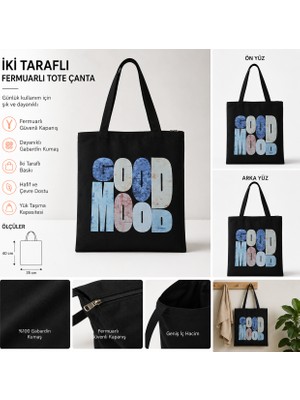 Tişört Kodu Good Mood Baskılı Fermuarlı Gabardin Tote Çanta – Çift Taraf Baskılı 35X40 cm
