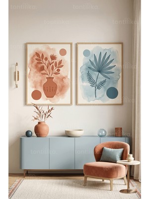 Tontilika Çiçekli Minimalist 2'li Ahşap Çerçeveli Tablo Seti