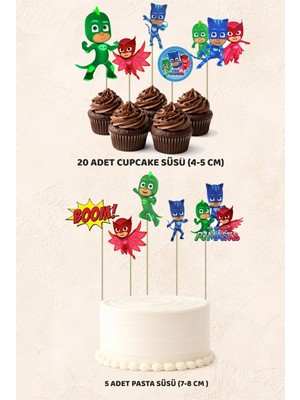 Pijamaskeliler Konsept 5 Adet Pasta 20 Adet Cupcake Mini Set Doğum Günü Pasta Süsü