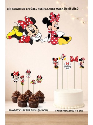 Minnie Mouse Doğum Günü Süsü Seti - Pasta Süsü, Cupcake Süsü, Pano Masa Üstü Süsü
