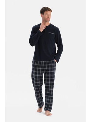 Dagi Lacivert Uzun Kollu Pat ve Cep Detaylı Pijama Takım